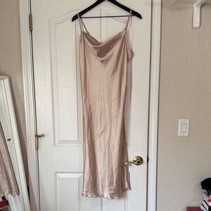 Bebe Champagne Satin Cowl Neck Dress
